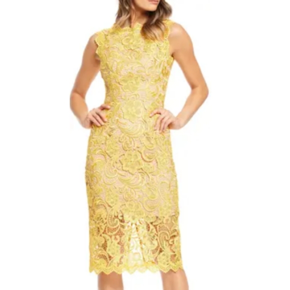 NWT Dress The Population Claudette Crochet Lace Sheath Dress in Yellow - Picture 2 of 16
